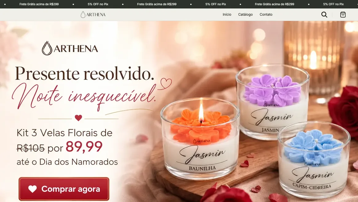 Página inicial da Arthena Velas, com campanha sazonal de kit de velas florais, preço promocional e botão de compra